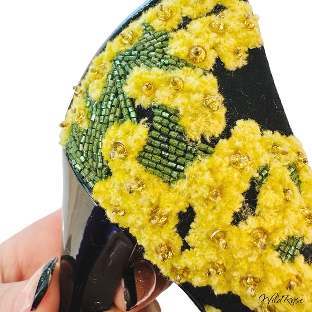 VALENTINO GARAVANI Floral Yellow Green Black Beaded & Embroidered Heels SZ 37 - Picture 10 of 17